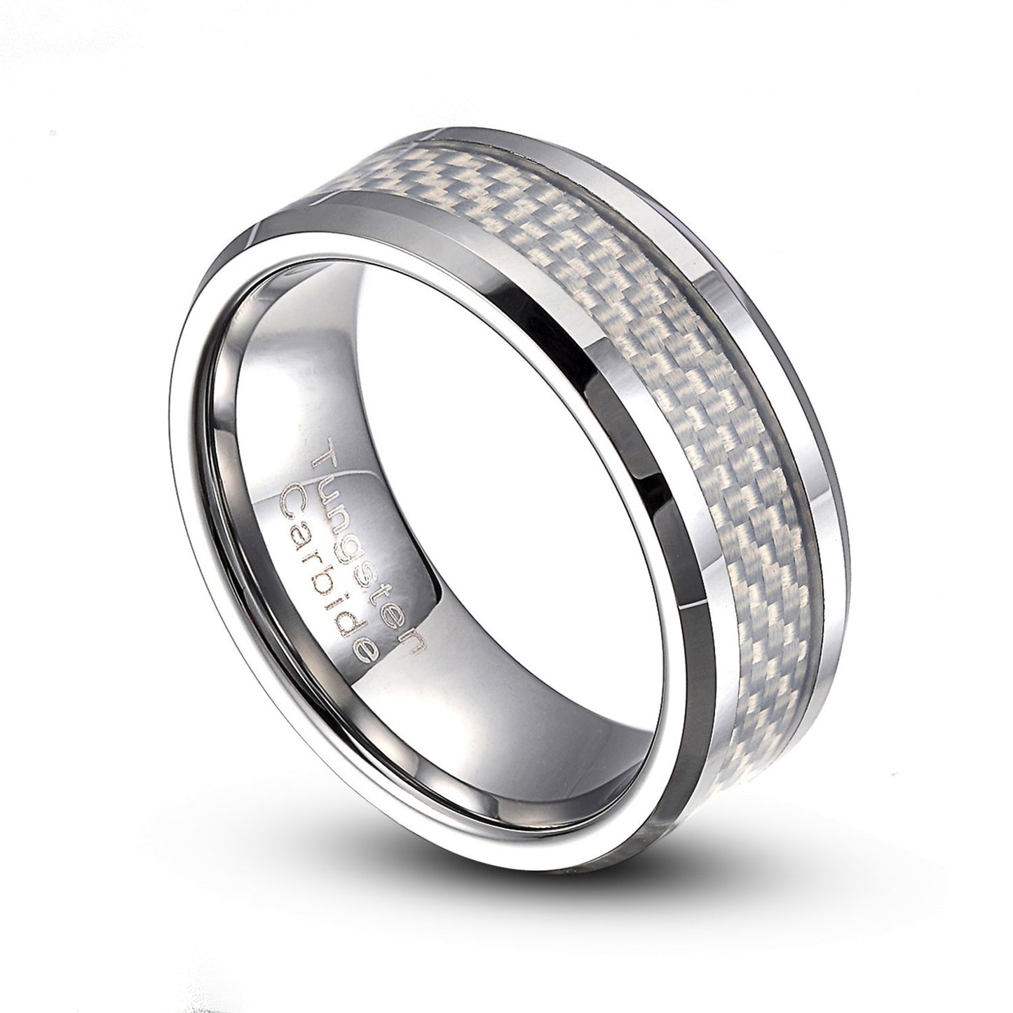 Tungsten Carbide 8mm White Carbon Fiber Inlay Comfort Fit Ring Size 8-14 TG005