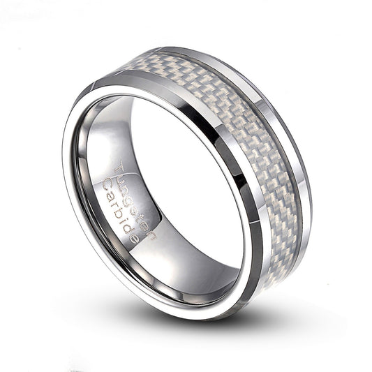 Tungsten Carbide 8mm White Carbon Fiber Inlay Comfort Fit Ring Size 8-14 TG005