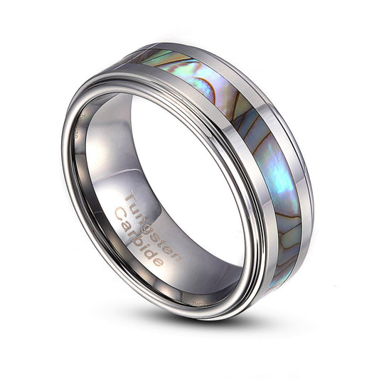Tungsten Carbide 8mm Abalone Striped Inlay Comfort Fit Ring US Size 9-14 TG004