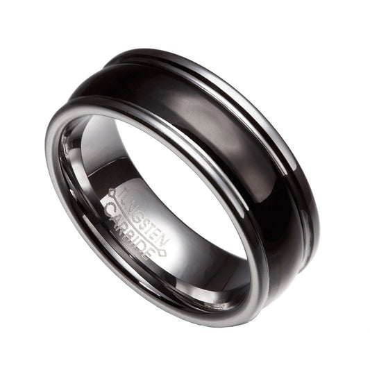 Black Tungsten Carbide 8mm Double groove Comfort Fit Rings Size 8-14 TG44
