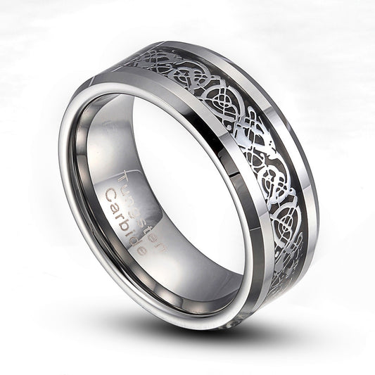 Tungsten Carbide 8mm Silver Dragon Inlaid Wedding Band Ring 8-14 Half Size TG013