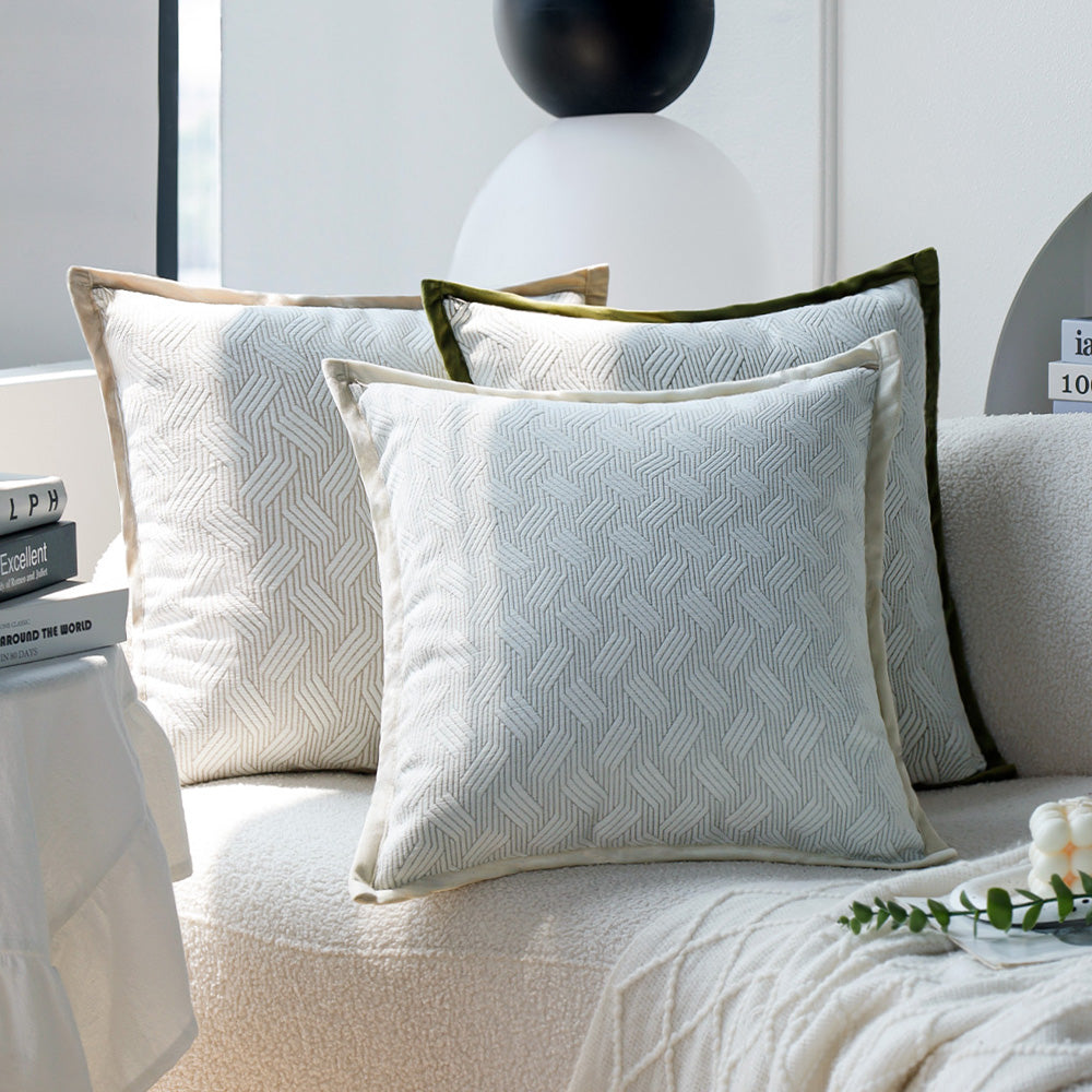 Set of 3 18"x18" square throw pillow herringbone trio neutral white & olive green accents | 3-piece collection