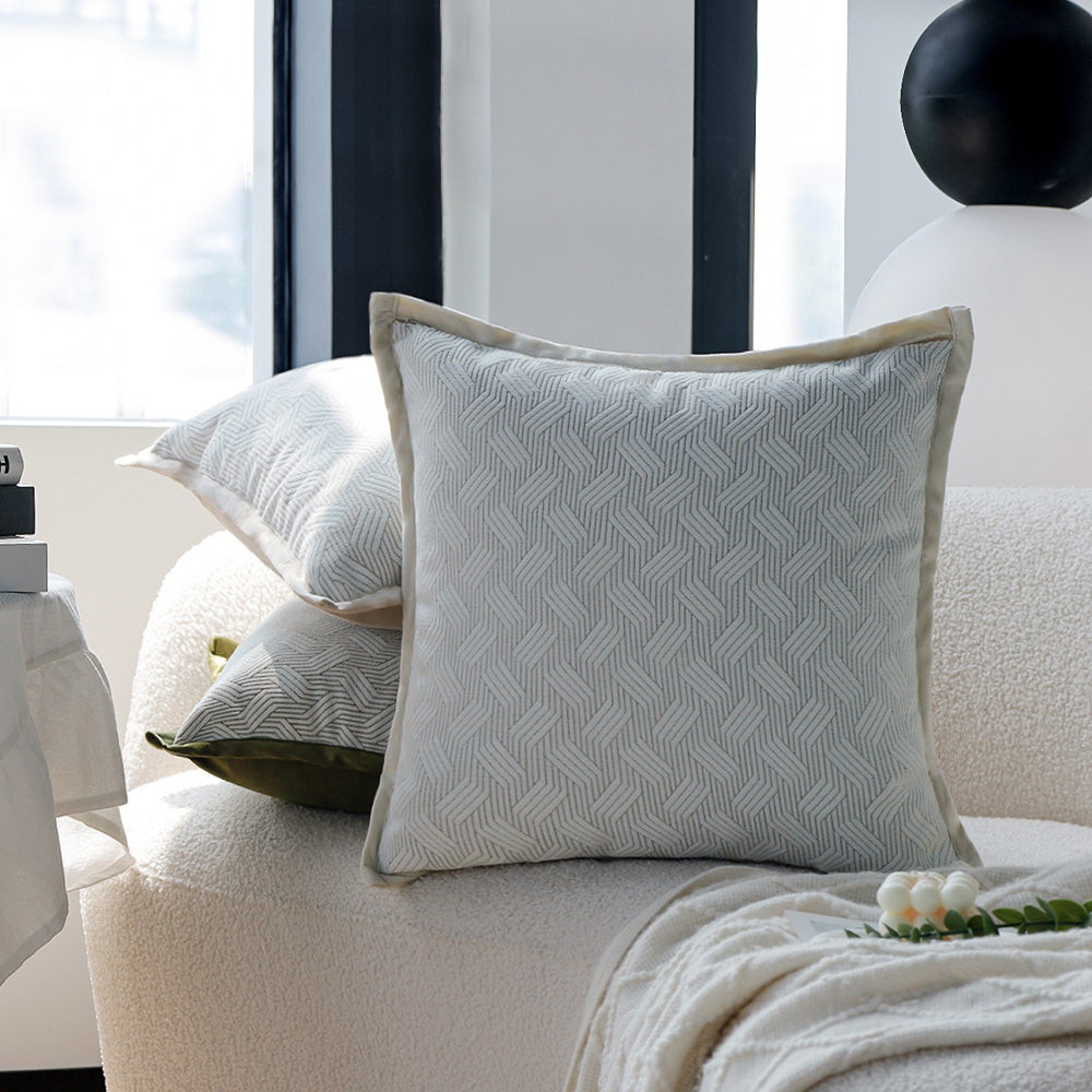 Set of 3 18"x18" square throw pillow herringbone trio neutral white & olive green accents | 3-piece collection