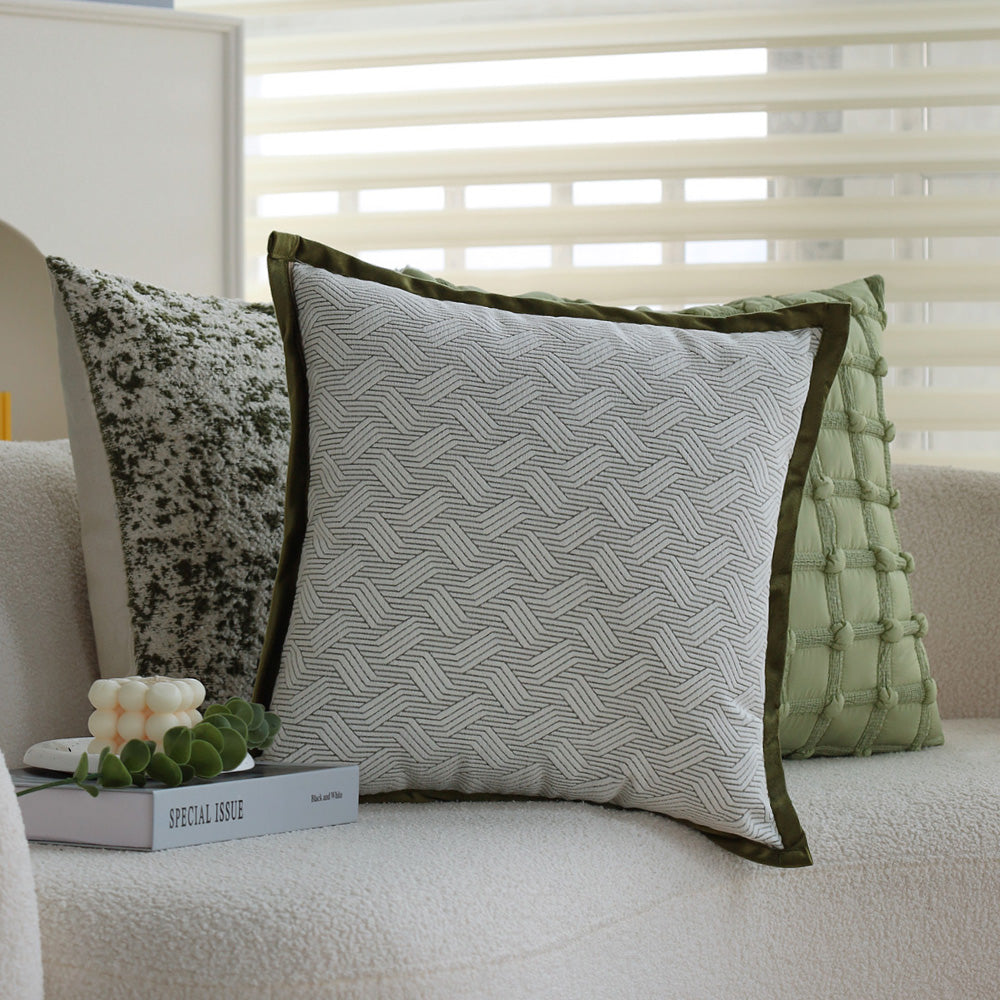 Set of 3 18"x18" square throw pillow herringbone trio neutral white & olive green accents | 3-piece collection