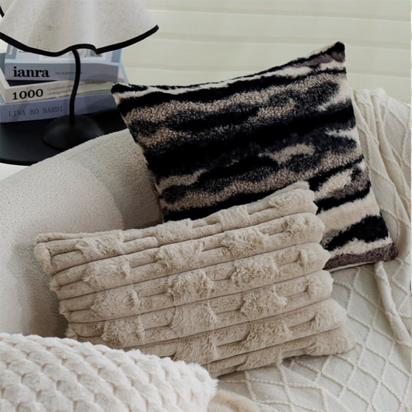 Pack of 1 Plush Striped Faux Fur Throw Pillow with insert– Soft Textured Modern Accent Pillow size 18"x18"