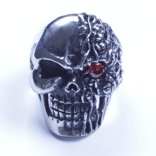US Seller Men's Silver Stainless Steel Skull With Red CZ Eye Ring Size 8-14 SR54