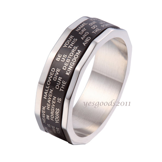 8mm Black Whirling Stainless Steel Ring Inscription Of Bible Size 9-13 SR108