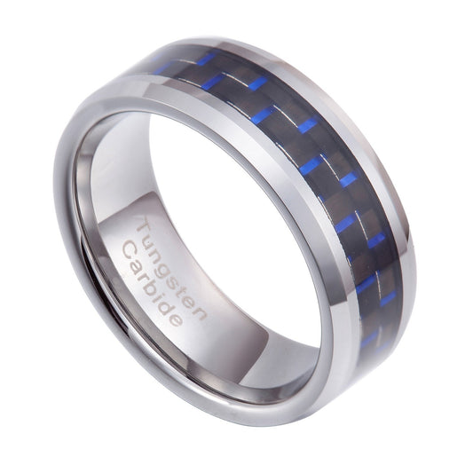 Tungsten Carbide 8mm Blue & Black Carbon Fiber wedding  Band Size 8-13 TG040