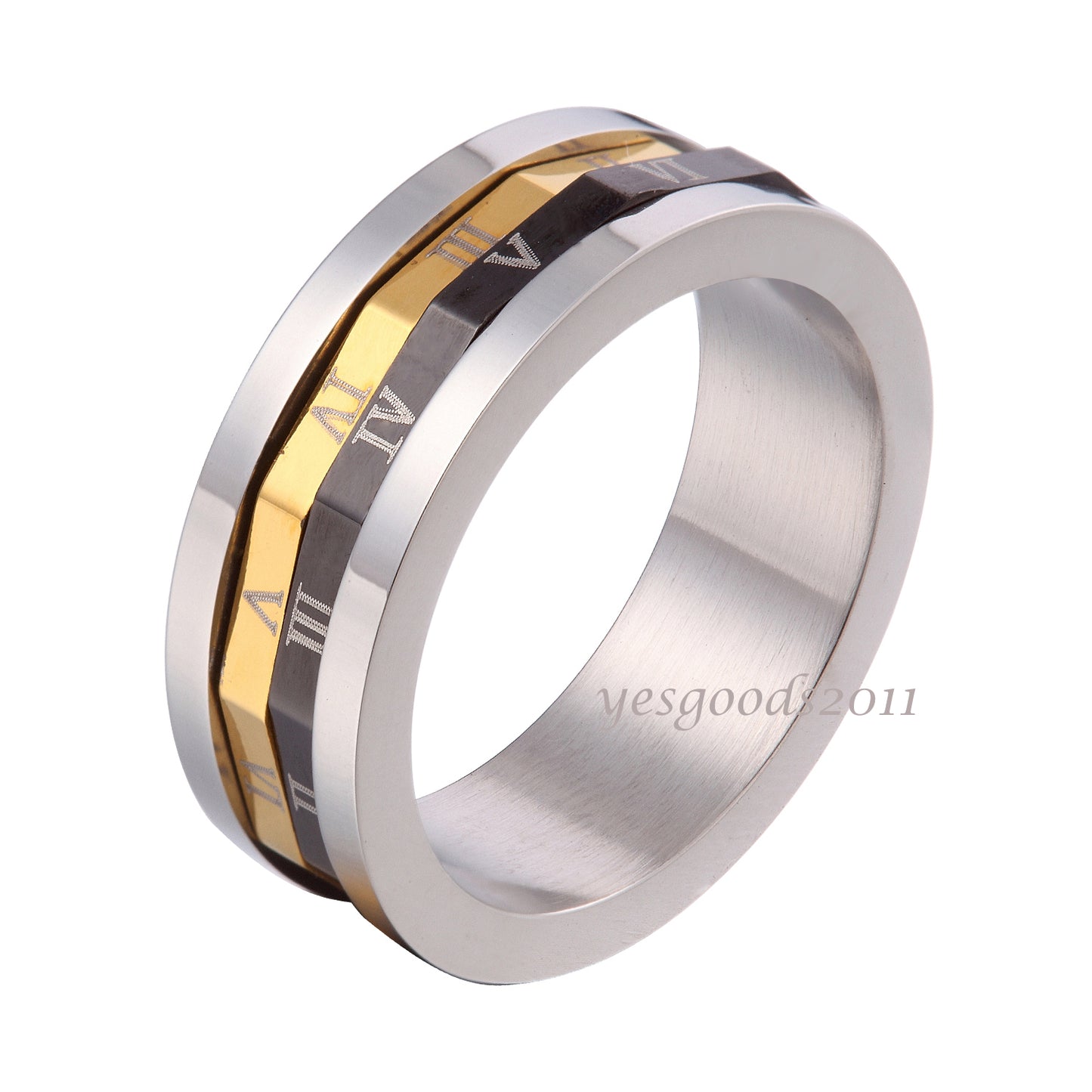 8MM Gold Black Stainless Steel Roman Numerals Whirling Ring Size 9-14 SR109