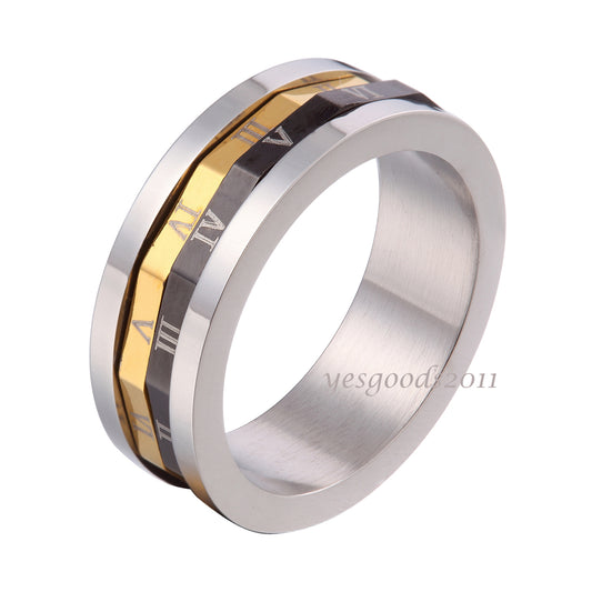 8MM Gold Black Stainless Steel Roman Numerals Whirling Ring Size 9-14 SR109
