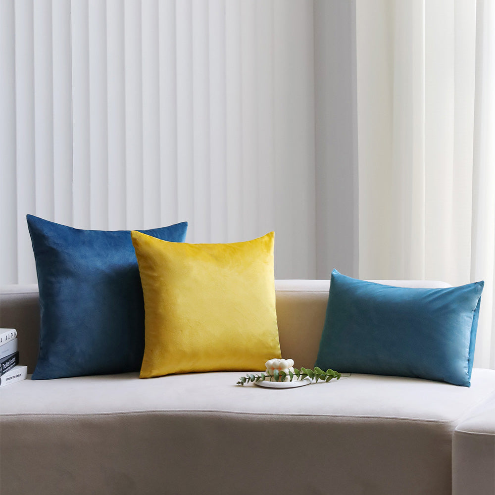 2-piece yellow, teal, blue velvet decorative pillow bundle by fancy & stacy