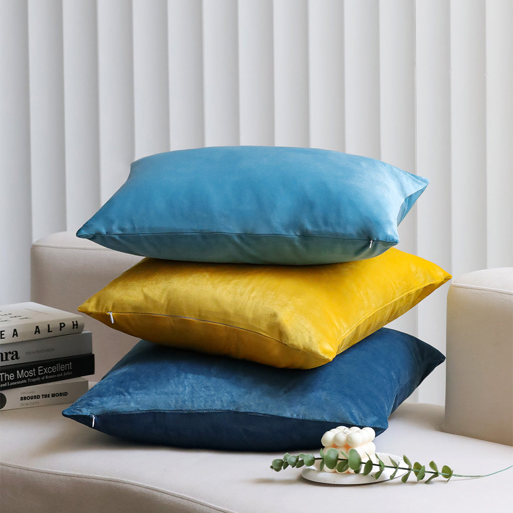 2-piece yellow, teal, blue velvet decorative pillow bundle by fancy & stacy