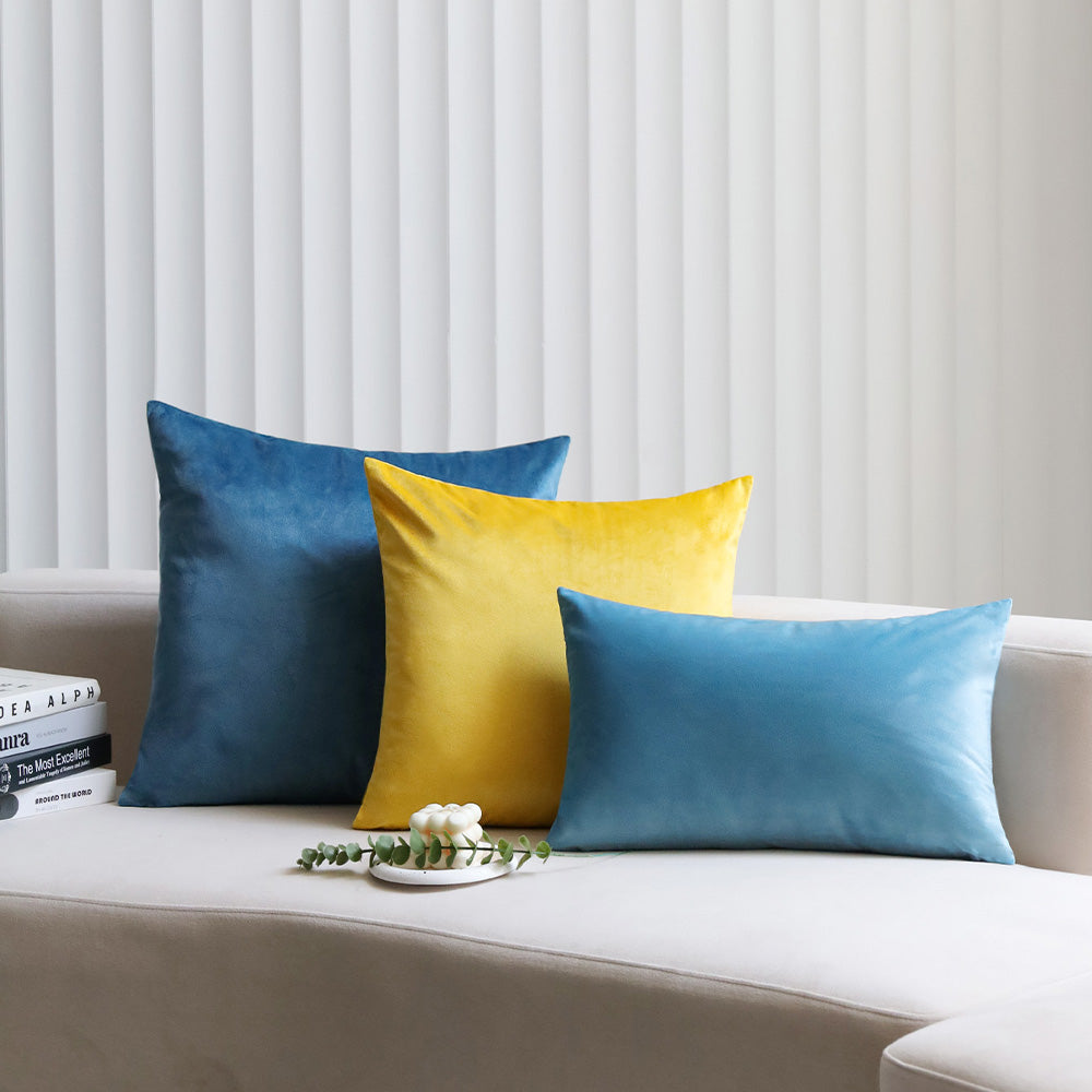 2-piece yellow, teal, blue velvet decorative pillow bundle by fancy & stacy