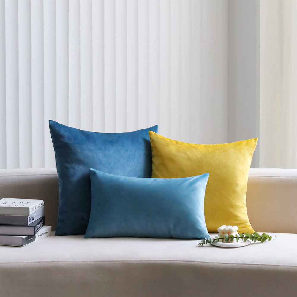 2-piece yellow, teal, blue velvet decorative pillow bundle by fancy & stacy