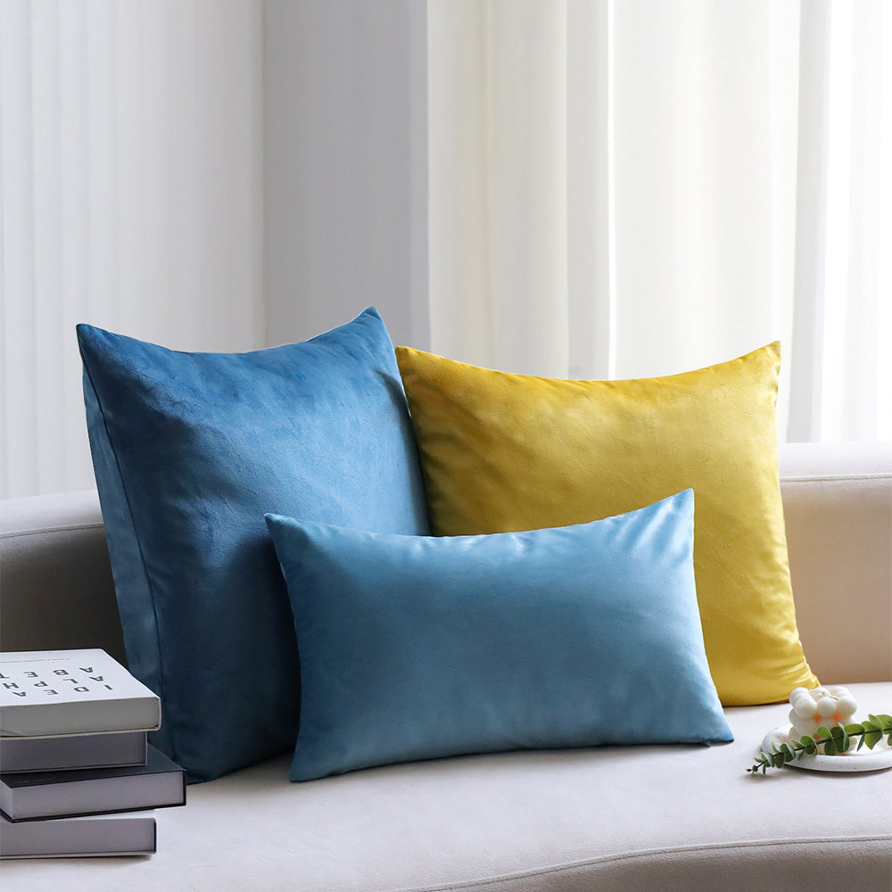 2-piece yellow, teal, blue velvet decorative pillow bundle by fancy & stacy